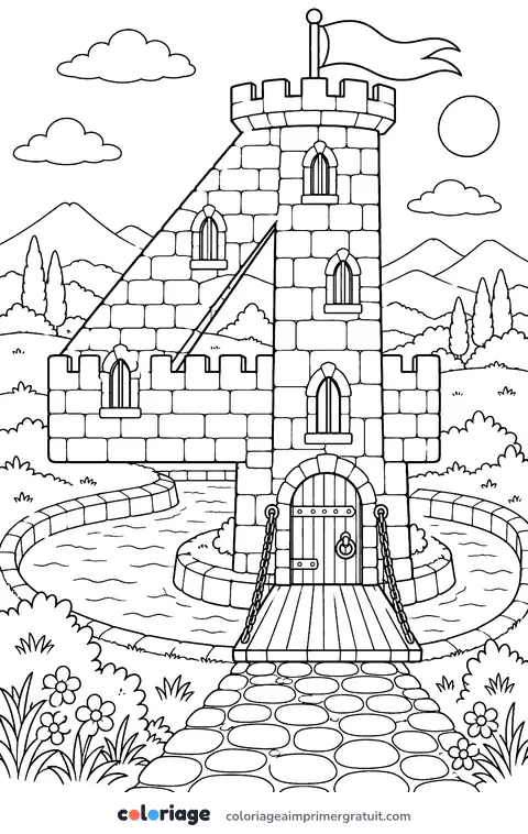 Coloriage chiffre 4 château fort