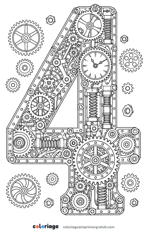 Coloriage chiffre 4 en engrenages