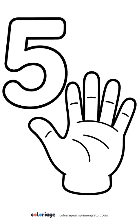 Coloriage chiffre 5 et la main