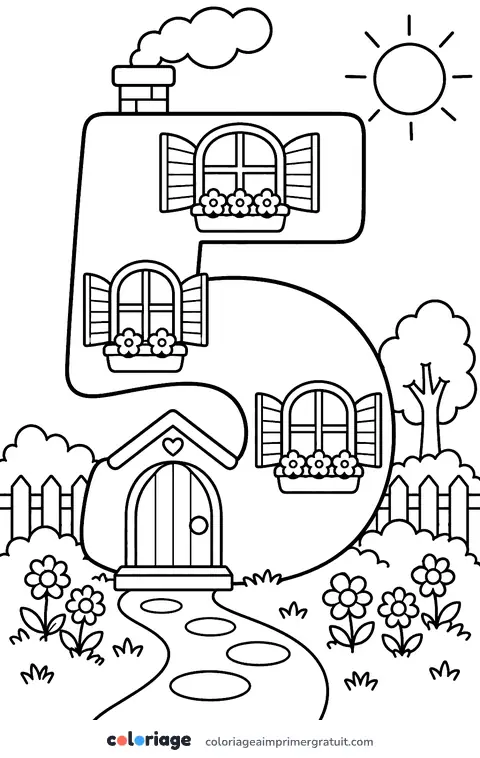 Coloriage chiffre 5 maison