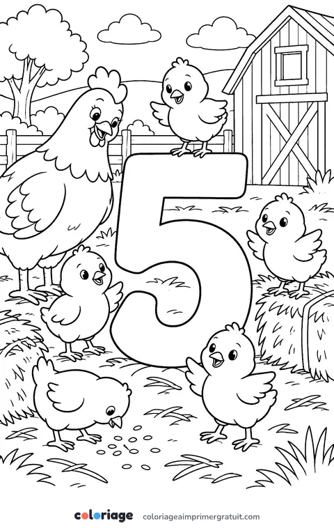 Coloriage chiffre 5 et cinq poussins
