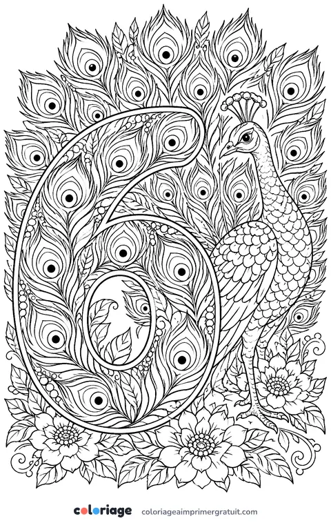 Coloriage chiffre 6 aux plumes de paon