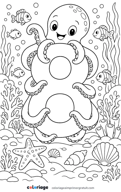 Coloriage chiffre 8 et la pieuvre