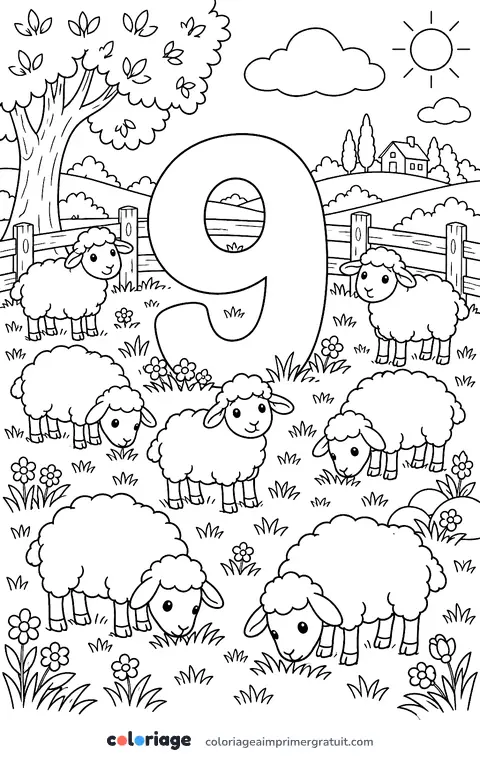 Coloriage chiffre 9 et neuf moutons