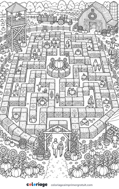 Coloriage labyrinthe du champ de citrouilles