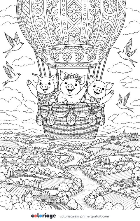 Coloriage cochons en montgolfière