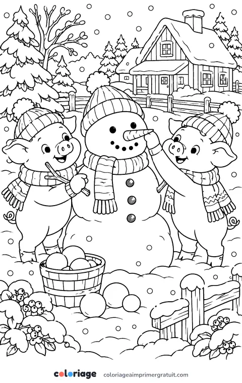 Coloriage cochons dans la neige