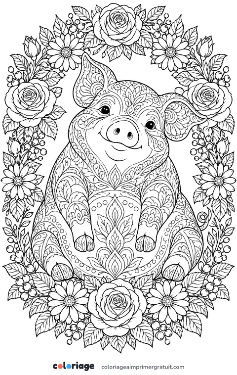 Coloriage cochon vietnamien fleuri