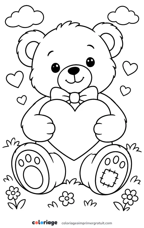 Coloriage ourson et son cœur