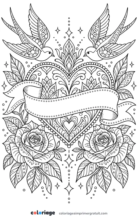 Coloriage cœur et roses façon tatouage