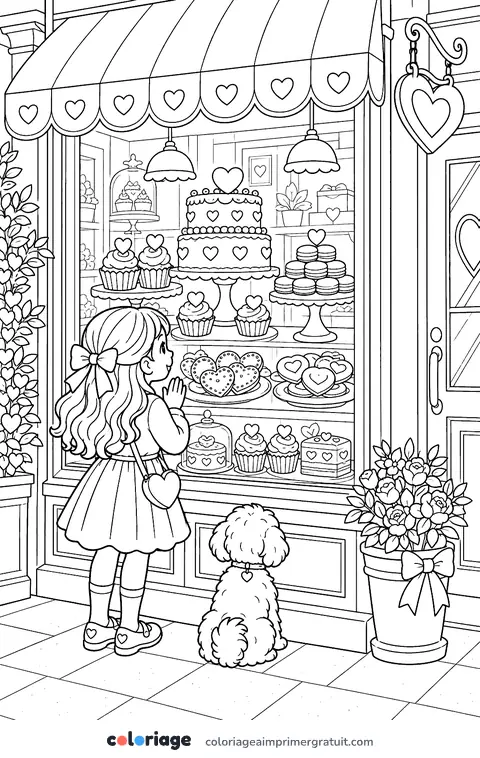 Coloriage vitrine de pâtisseries en cœur