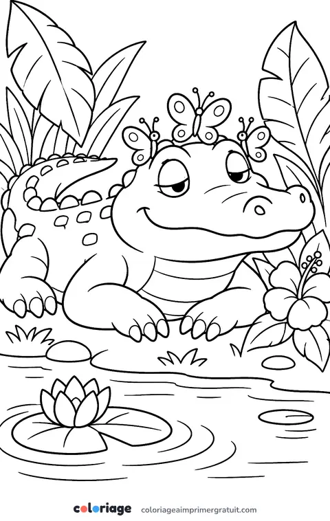 Coloriage caïman et papillons