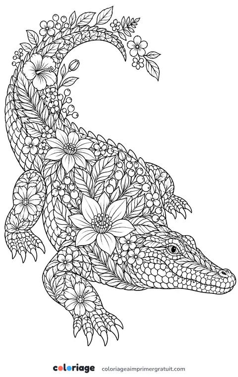 Coloriage crocodile fleuri