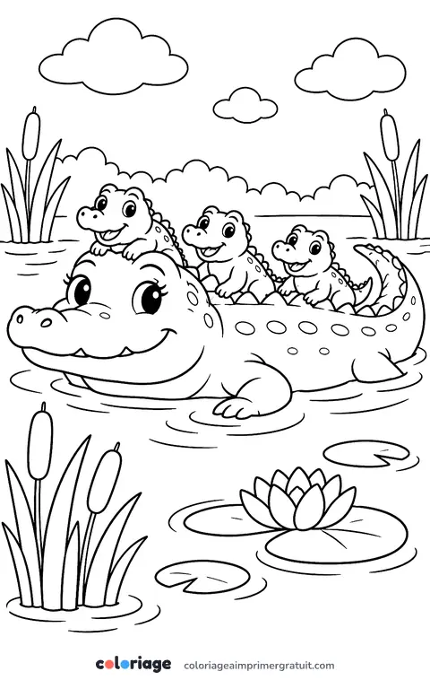 Coloriage maman crocodile et ses petits