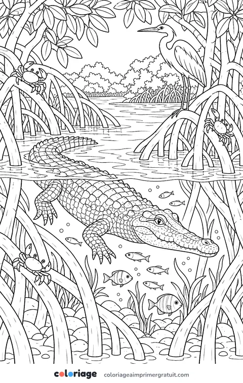 Coloriage crocodile marin dans la mangrove