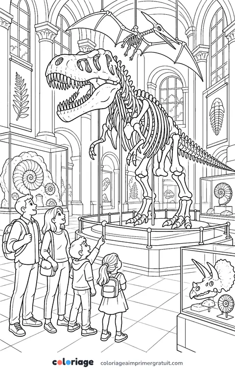 Coloriage squelette au musée