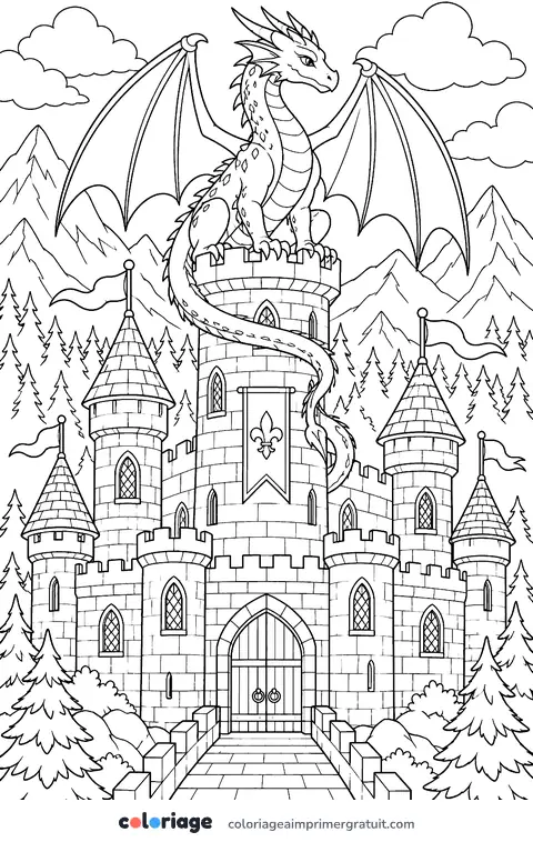 Coloriage dragon sur la tour du château