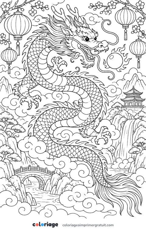 Coloriage dragon chinois du Nouvel An