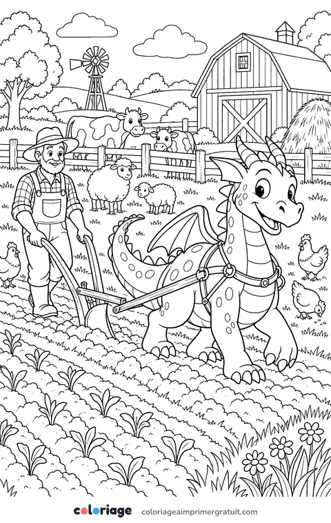 Coloriage dragon à la ferme