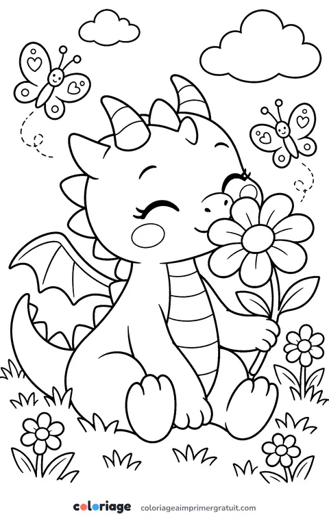 Coloriage dragon kawaii et sa fleur