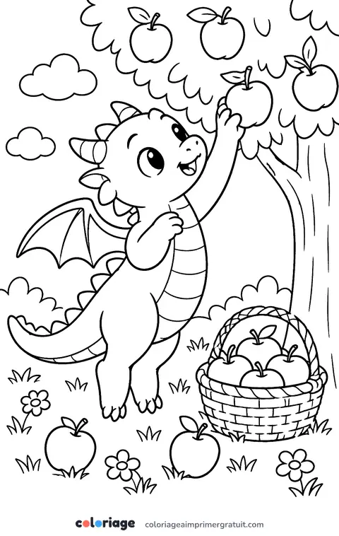 Coloriage dragon qui cueille des pommes