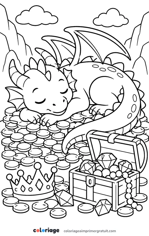 Coloriage dragon endormi sur son trésor
