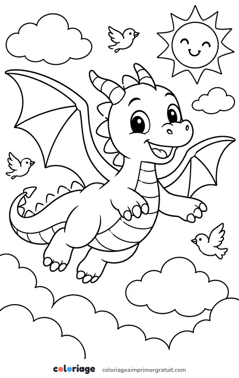 Coloriage dragon dans les nuages
