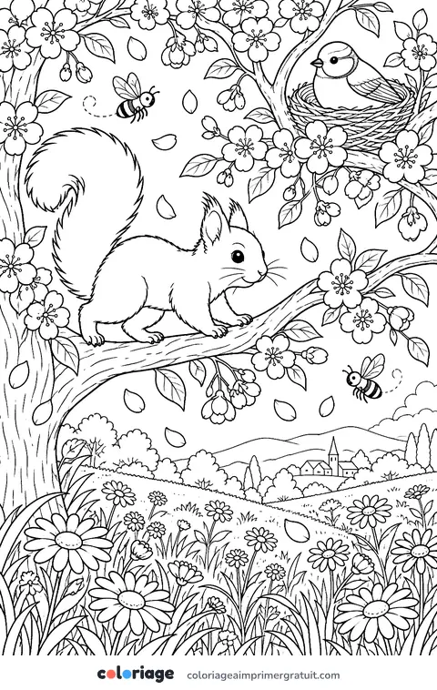 Coloriage écureuil dans le cerisier en fleurs