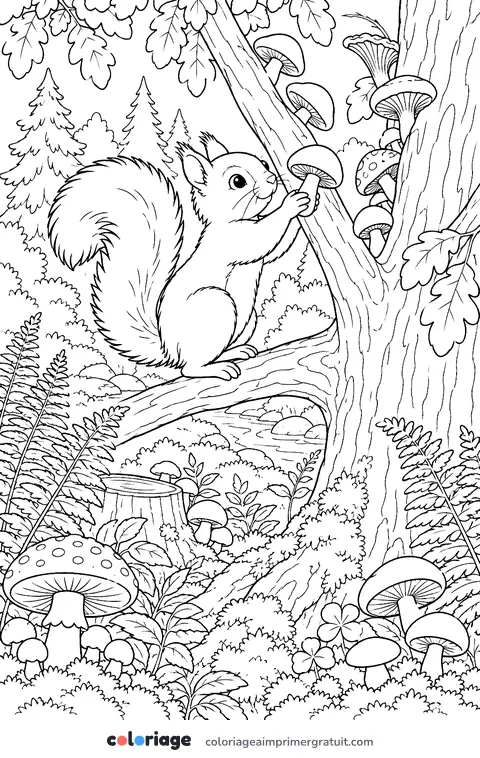 Coloriage écureuil et champignons