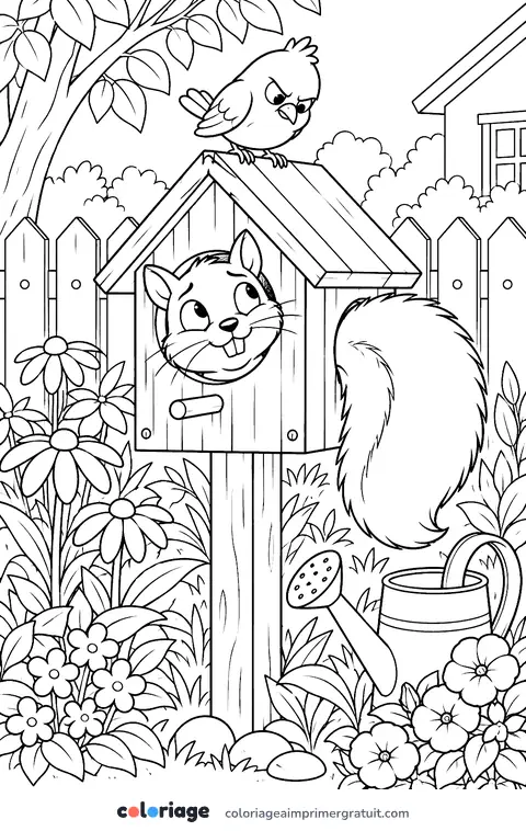 Coloriage écureuil dans le nichoir