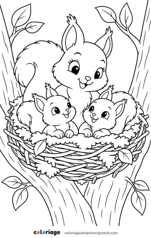Coloriage maman écureuil et ses petits