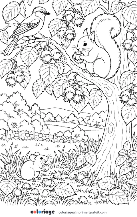 Coloriage écureuil dans le noisetier
