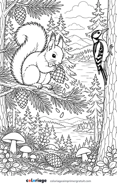 Coloriage écureuil dans la pinède