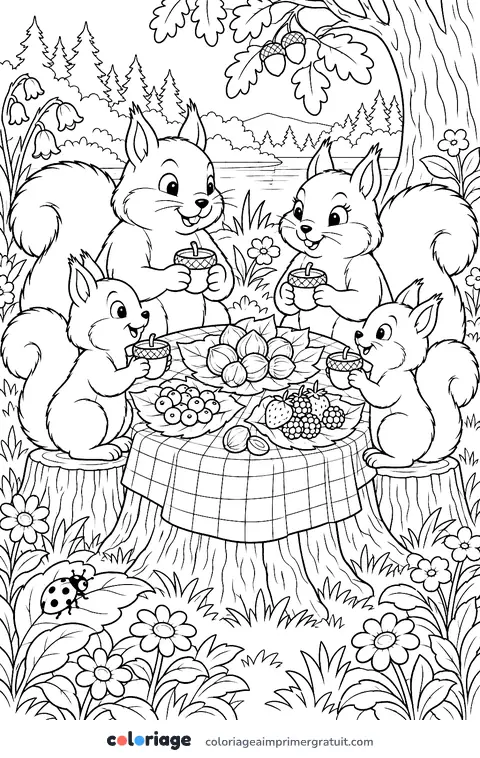Coloriage pique-nique des écureuils