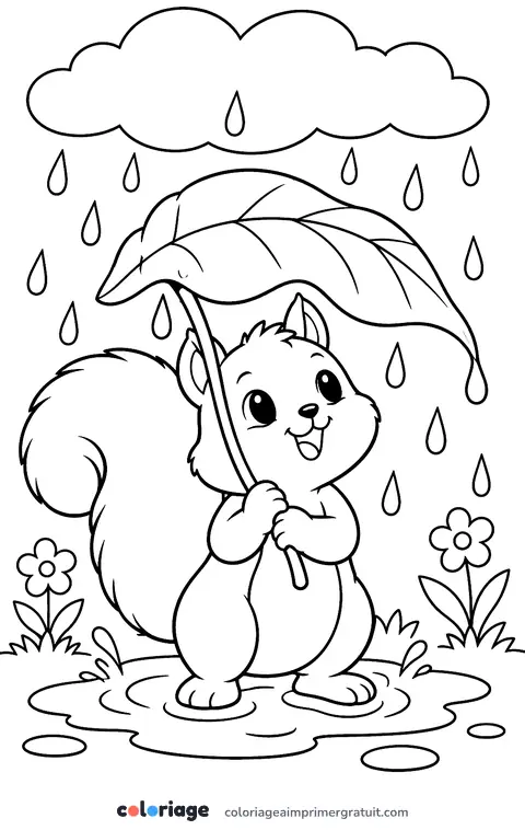 Coloriage écureuil sous la pluie