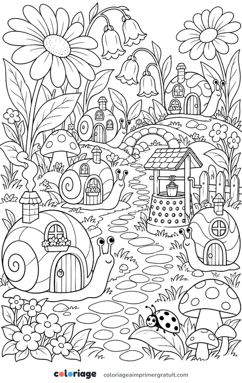 Coloriage village d’escargots