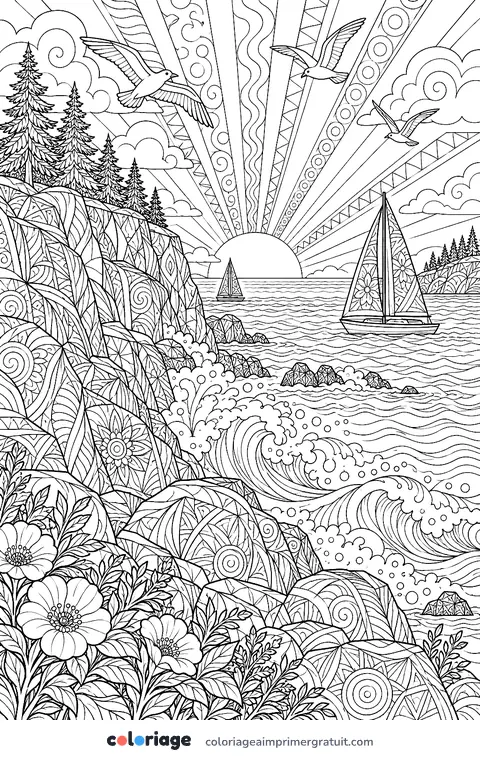 Coloriage coucher de soleil sur la côte