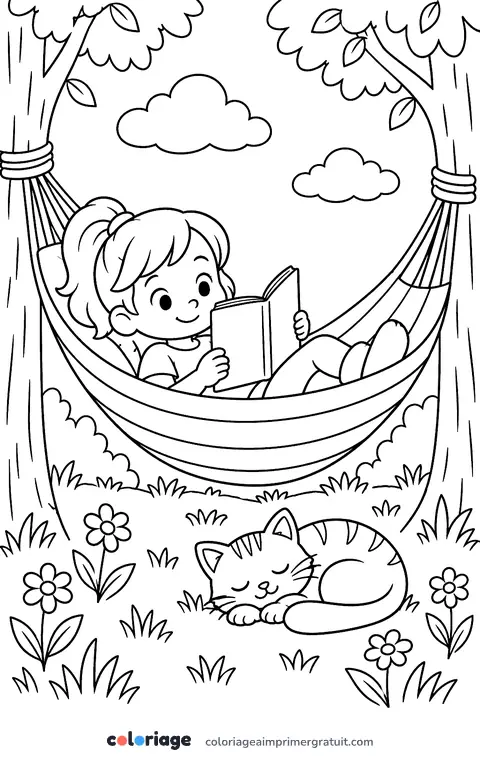 Coloriage lecture dans le hamac