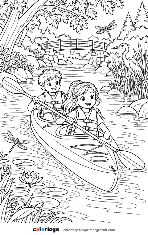 Coloriage kayak sur la rivière