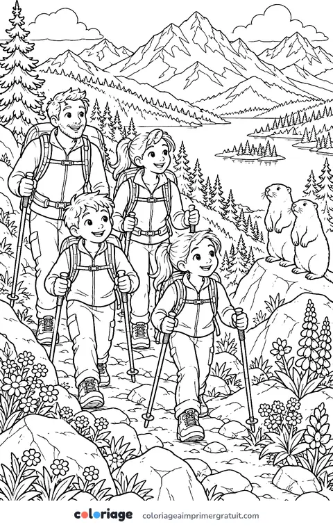 Coloriage randonnée en montagne