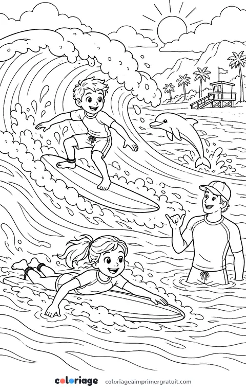 Coloriage leçon de surf