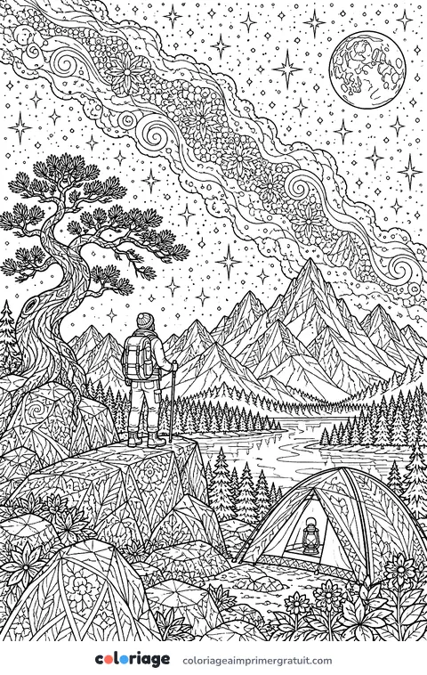 Coloriage voie lactée sur la montagne