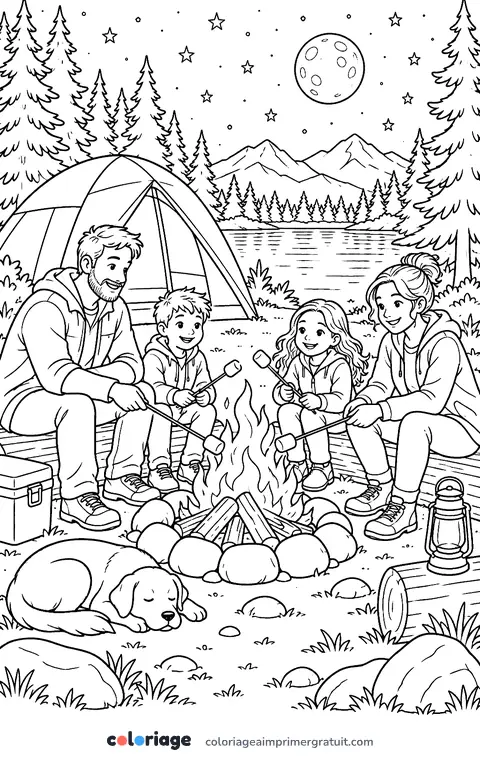 Coloriage camping en famille