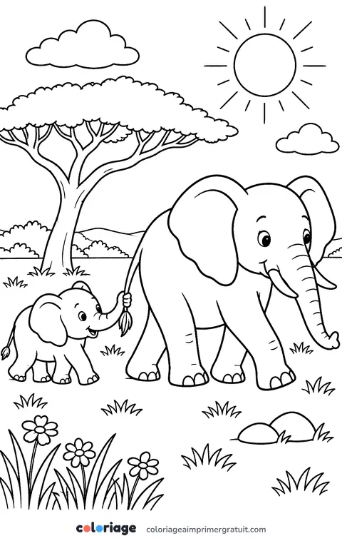Coloriage famille éléphant