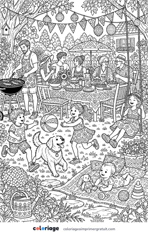 Coloriage fête au jardin