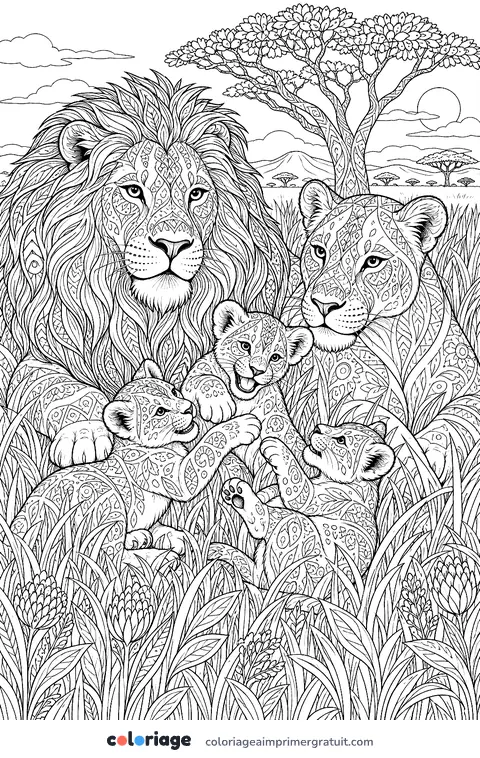 Coloriage famille de lions