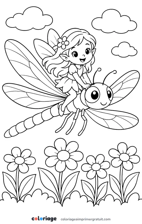 Coloriage fée sur une libellule
