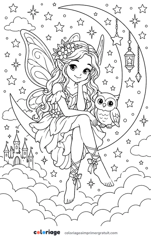 Coloriage fée sur la lune
