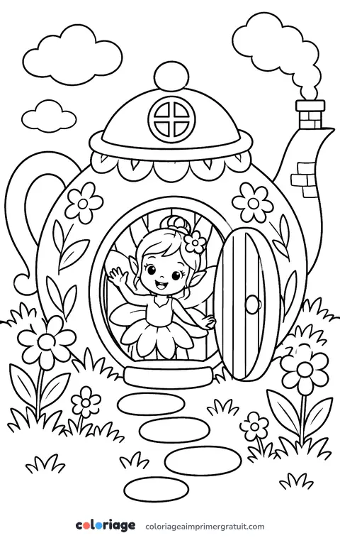 Coloriage maison de fée dans une théière