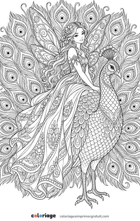 Coloriage fée et le paon